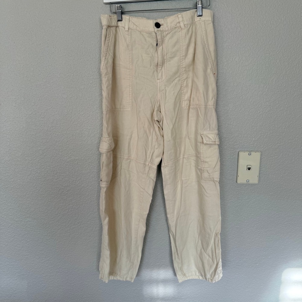 PILCRO Linen Blend Cargo Pants Butter Yellow Cream Elastic Waist Size M